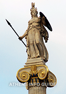 Athena kijk hoog uit vanop haar kolon voor de ingang van de Academie van Athene